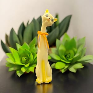 Tall Hand-Painted, Kitschy Yellow Vintage Porcelain Cat, Ceramic Figurine. Made in Taiwan. From the 1970s. Gift for Cat Lover.