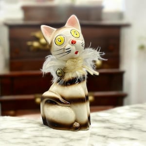 Charming, Cartoon-Like Vintage Porcelain Cat - Beige with Brown Stripes. Estimate to Be From 1980s. Collectible Ceramics. Gift for Cat Lover