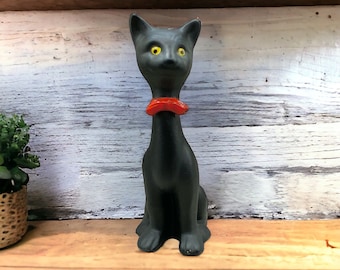 Divertido gato de porcelana vintage negro de cuello largo con pajarita roja, años 60-70, decoración del hogar coleccionable, regalo para amantes de los gatos, felino de cerámica