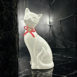 Beautiful Iridescent Vintage Porcelain Cat with Red Bow. Estimated to Be from 1970s. White Ceramic Figurine. Collectible Gift for Cat Lover