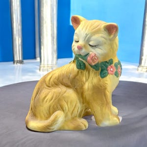 Hand-Painted, Yellow Vintage Porcelain Cat with a Pink Rose in Its Mouth. Hand-Painted. From the 1970s-1980s. Gift for Cat Lover. Ceramic