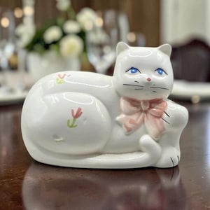 Può includere: Una statuetta di gatto in ceramica bianca in posizione sdraiata, caratterizzata da occhi blu brillante, un piccolo naso rosa e baffi neri. Il gatto è decorato con un fiocco rosa tenue intorno al collo e piccoli motivi a tulipano rosa dipinti.