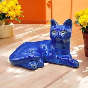 Big Beautiful Blue Vintage Porcelain Cat. Hand-Painted Ceramic Cat. Estimated to Be from the 1970s-1980s. Gift for Cat Lover