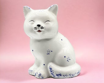 Charmante vintage porseleinen kattenspaarpot met witte en blauwe stippen - grillig verzamelobject uit de jaren 70, cadeau voor kattenliefhebber