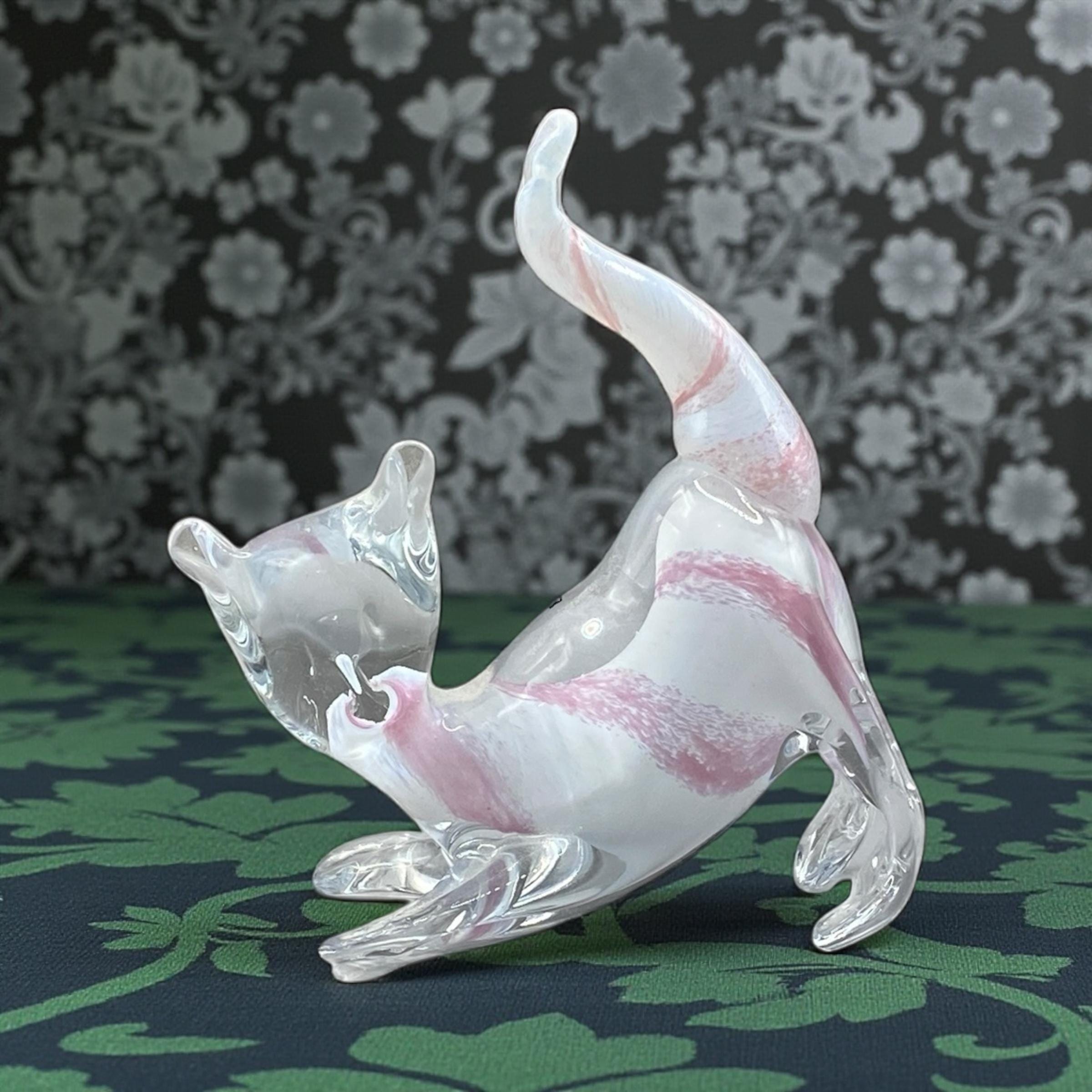 Lovely Clear, Pink & White Murano Styled Vintage Glass Cat