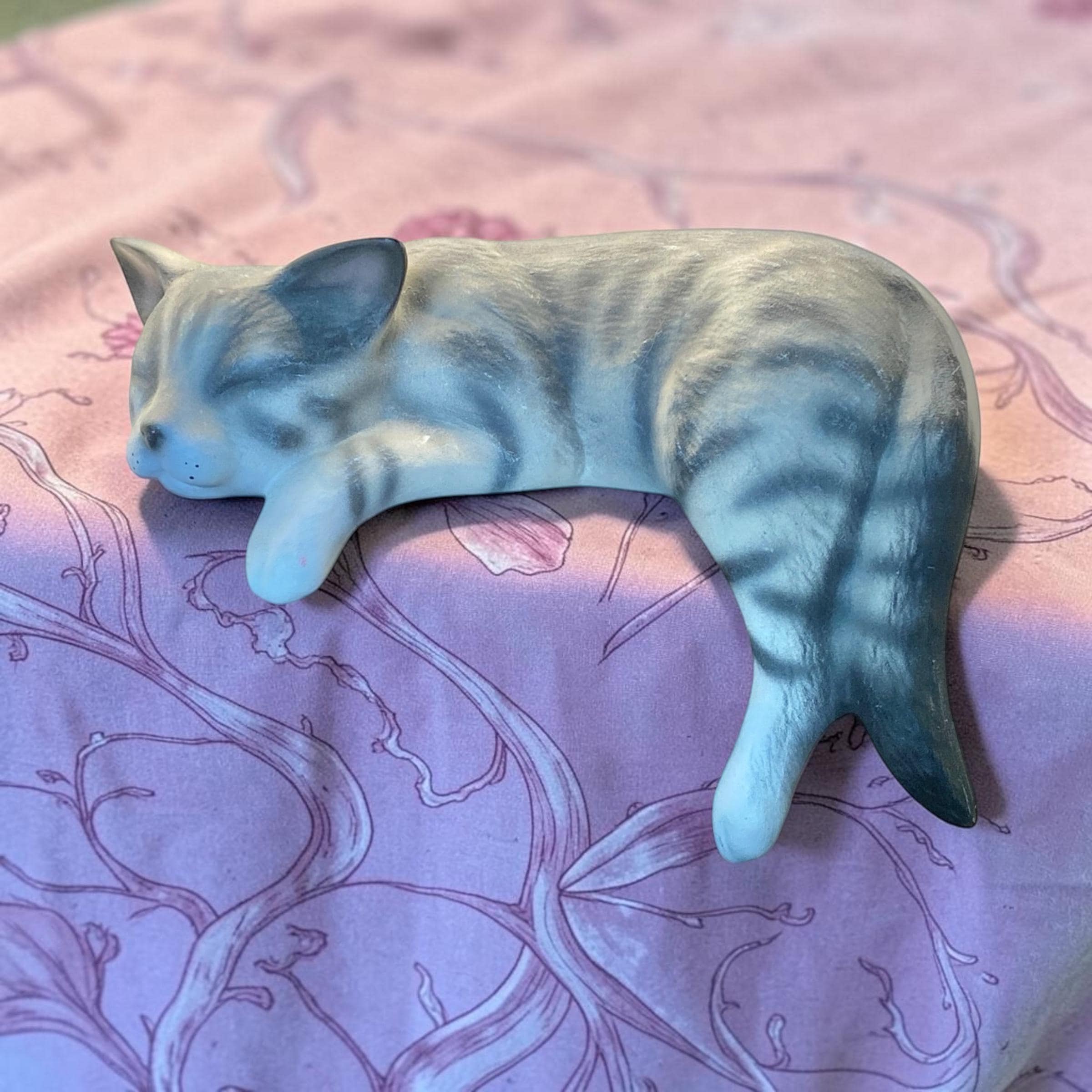 Gray-White Striped Vintage Ceramic Cat Shelf Sitter with Air Brushed Details, Estimated to Be from the 1980s-1990s, Gift for Cat Lover.