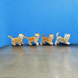 4 SMALL CATS: Cute Vintage Porcelain Cats / Kittens. From the 1960s-1980s. Gift for Cat Lover. Ceramic Retro Cats. Orange, White, and Gray