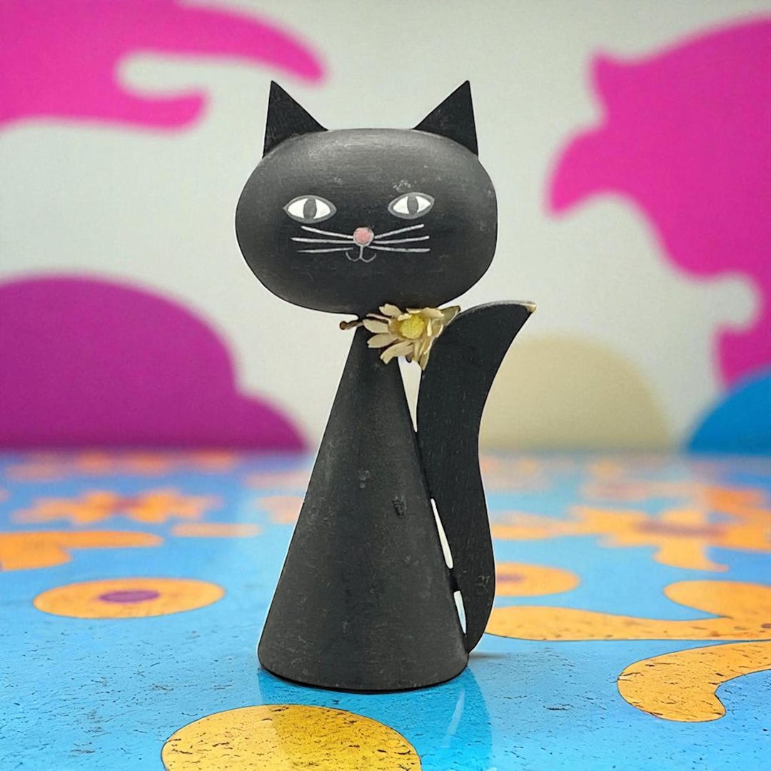 Rare Black Swedish Vintage Wooden Cat From Guldkroken in Hjo. Hand