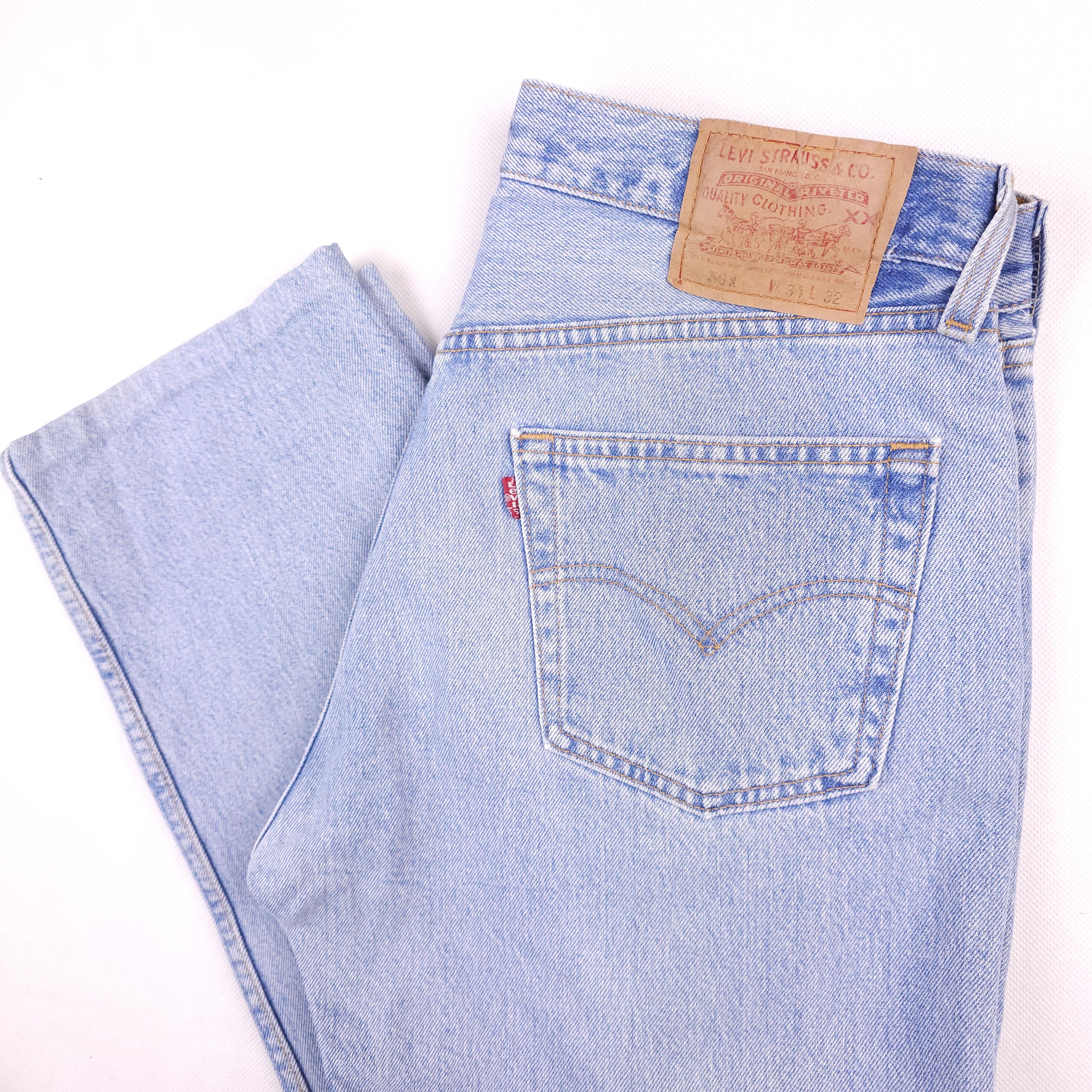 Levi's 501 Vintage - Jean Bleu Ciel Avec Ceinture En Cuir Marron, Taille W33 L34, Très Bon état