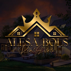 Diseño de logotipo de bienes raíces prefabricado, diseño de logotipo de corona prefabricado, logotipo de agente de bienes raíces, logotipo de bienes raíces dorado, logotipo de firma, diseño de logotipo de casa