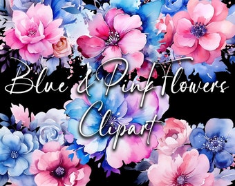 Blue & Pink Flower, Watercolor Flowers Clipart, Logo Background, Floral Clipart, Floral Bouquet Clipart, Transparent Png, Digital download