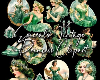 Emerald Vintage Princess Clipart, Png Background ,Princess Clipart, Vintage Clipart, Transparent, Digital download