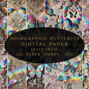 Holographic Butterfly Digital Paper, Rainbow Background, Luxury Pattern, JPG Background, Instant Download