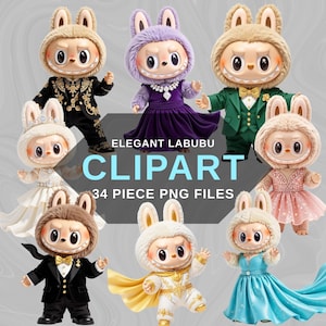 34 Labubu PNG elegantes, conjunto de clipart fofo de Labubu, download digital de Kawaii Chibi, arte de boneca pastel, sublimação de Labubu, download instantâneo