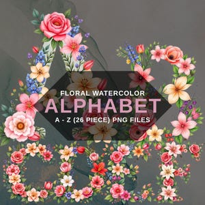 Alfabeto Floral PNG Clipart A-Z, Letras Botânicas em Aquarela, Fundo Transparente, Download Digital