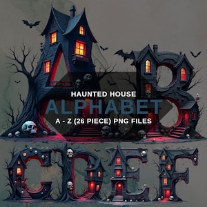 Haunted House Alphabet PNG, Spooky Halloween Font Clipart Letters, Gothic Horror Digital Letters, Transparent Background, Digital Download