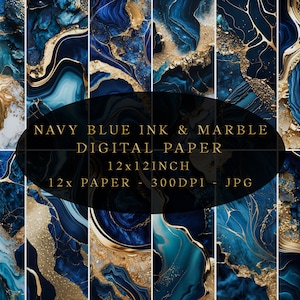 Alcoholinkt marineblauw goud marmer digitaal papier, glitter, naadloze texturen, jpg-achtergrond, instant download