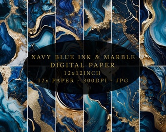Alcohol Ink Navy Blue Gold Marble Digital Paper, Glitter, Seamless Textures, JPG Background, Instant Download