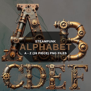 Steampunk Alphabet PNG Clipart, Vintage Gear Brass Letters A-Z, Industrial Font, Transparent Background, Digital Download