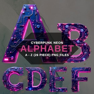 Cyberpunk Neon Alphabet PNG, futuristische Tech Letters Clipart, leuchtende digitale Schrift, transparenter Hintergrund, digitaler Download