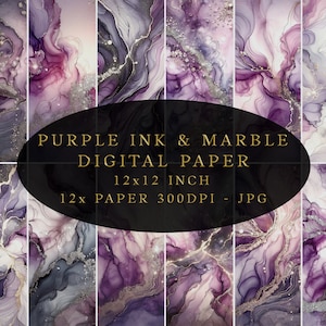 Alcohol Ink Purple Gold & Silver Marble Digital Paper, Glitter, Seamless Textures, JPG Background, Instant Download