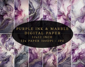 Alcohol Ink Purple Gold & Silver Marble Digital Paper, Glitter, Seamless Textures, JPG Background, Instant Download
