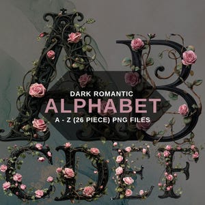 Alfabeto floral gótico PNG, letra rosa romántica oscura A-Z, fuente victoriana elegante, fondo transparente, descarga digital