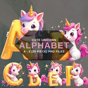 Alfabeto de unicornio PNG, lindas letras A-Z, fondo transparente, descarga digital