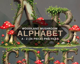 Woodland Mushroom Alphabet PNG,  Rustic Forest Letters Clipart, Transparent Background, Digital Download