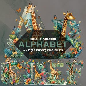 Alfabeto de animais de safári PNG, clipart de letras de girafa da selva de A a Z, fonte de animais selvagens para crianças, fundo transparente, download digital