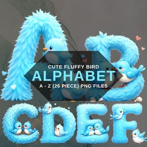 Alfabeto de pájaro azul lindo PNG, letras suaves y esponjosas A-Z, fondo transparente, descarga digital