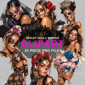Day of the Dead Woman Clipart PNG, Sugar Skull Face Paint Art, 20 PNG Digital Files for Halloween & Dia de Los Muertos, Transparent
