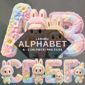 Labubu Alphabet Clipart A-Z, Cute Pastel Bunny Labubu Letters PNG, Digital Kawaii Labubu PNG for Sublimation & Decor, Digital Download