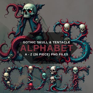 Gothic Horror Alphabet PNG, Skull & Tentacle Monogram Letters, Dark Fantasy Clipart, Transparent Background, Digital Download