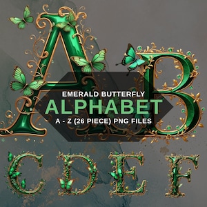 Alfabeto de mariposa esmeralda PNG, letras florales verdes, elegante fuente digital dorada, fondo transparente, descarga digital