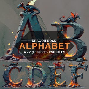 Dragon Rock Alphabet Clipart PNG, Fantasy Fire Letters A-Z, Digital Download for Kids Room Decor & Sublimation, Instand Download
