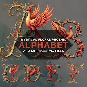 Alphabet floral Phoenix PNG Clipart, lettres oiseau de feu fleuri, police monogramme mythique, fond Transparent, téléchargement numérique