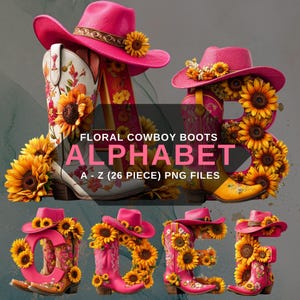 Cowgirl Western Alphabet PNG, Pink Floral Cowboy Boots Letters, Sunflower Clipart Digital Download, Instand Download
