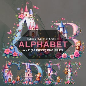 Alfabeto de conto de fadas PNG, clipart de letras de castelo fofas, letras digitais para berçário de bebê, fundo transparente, download digital