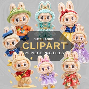 29 Fantasias de Labubu PNG, Clipart de Personagem de Pelúcia Labubu, Pacote de Cliparts de Labubu Fofos, Download Digital Kawaii Chibi, Download Instantâneo