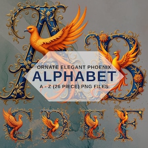 Phoenix Alphabet PNG Clipart, lettres fantaisie fleuri, oiseau mythique ensemble de polices numériques, téléchargement numérique