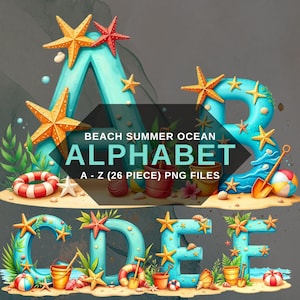 Alfabeto de playa PNG, Letras de verano, Letras digitales de estrellas de mar, Arte infantil con temática oceánica, Fondo transparente, Descarga digital