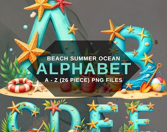 Beach Alphabet PNG, Summer Letter Clipart, Starfish Digital Letters, Ocean Theme Nursery Art, Transparent Background, Digital Download