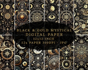 Black & Gold Mystical Digital Paper, Celestial, Seamless Textures, JPG Background, Instant Download