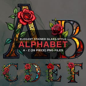 Gebrandschilderd glas bloemen alfabet PNG-clipart, kleurrijke letters, roos digitaal lettertype, transparante achtergrond, digitale download
