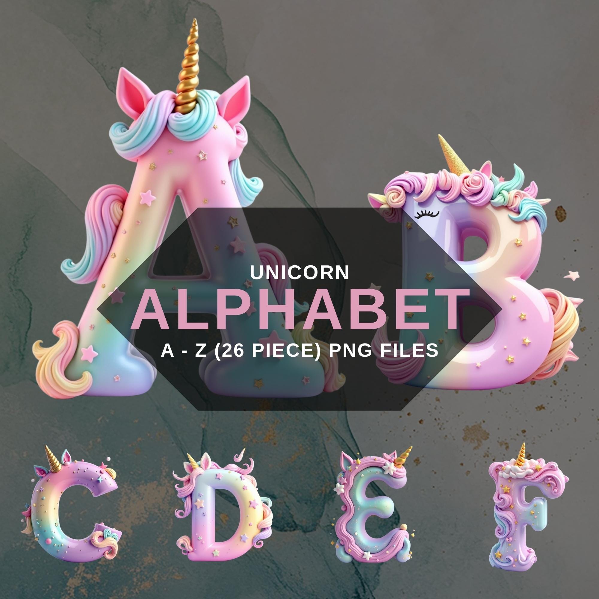 Unicorn Alphabet PNG Clipart, Pastel Rainbow Letters, Cute Fantasy Digital Font, Transparent Background, Digital Download