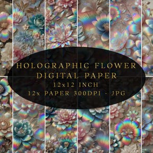 Holographic Flower Digital Paper, Rainbow Background, Luxury Pattern, JPG Background, Instant Download