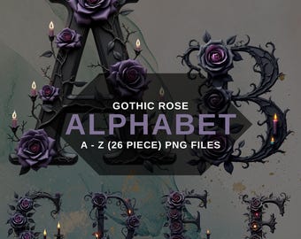 Gothic Rose Alphabet PNG Clipart, Dark Floral Letters, Black Roses & Candles Digital Font, Transparent Background, Digital Download