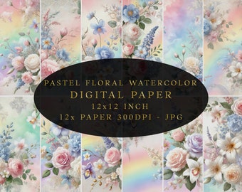 Pastel Floral Watercolor Digital Paper, Pastel Rainbow Wedding Background, Luxury Pattern, JPG Background, Instant Download