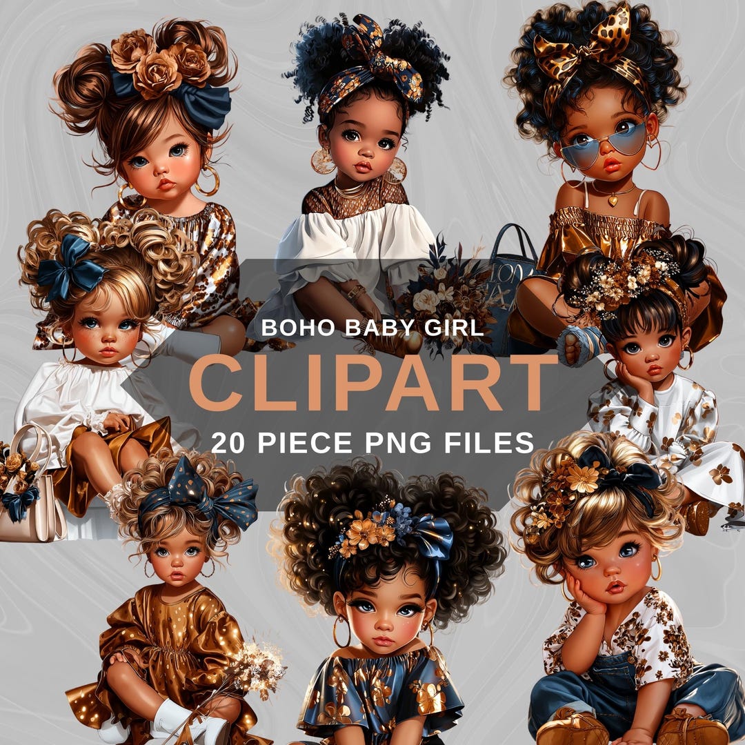 Boho Baby Girl Clipart Bundle, 20 PNG Cute Toddler Illustrations ...
